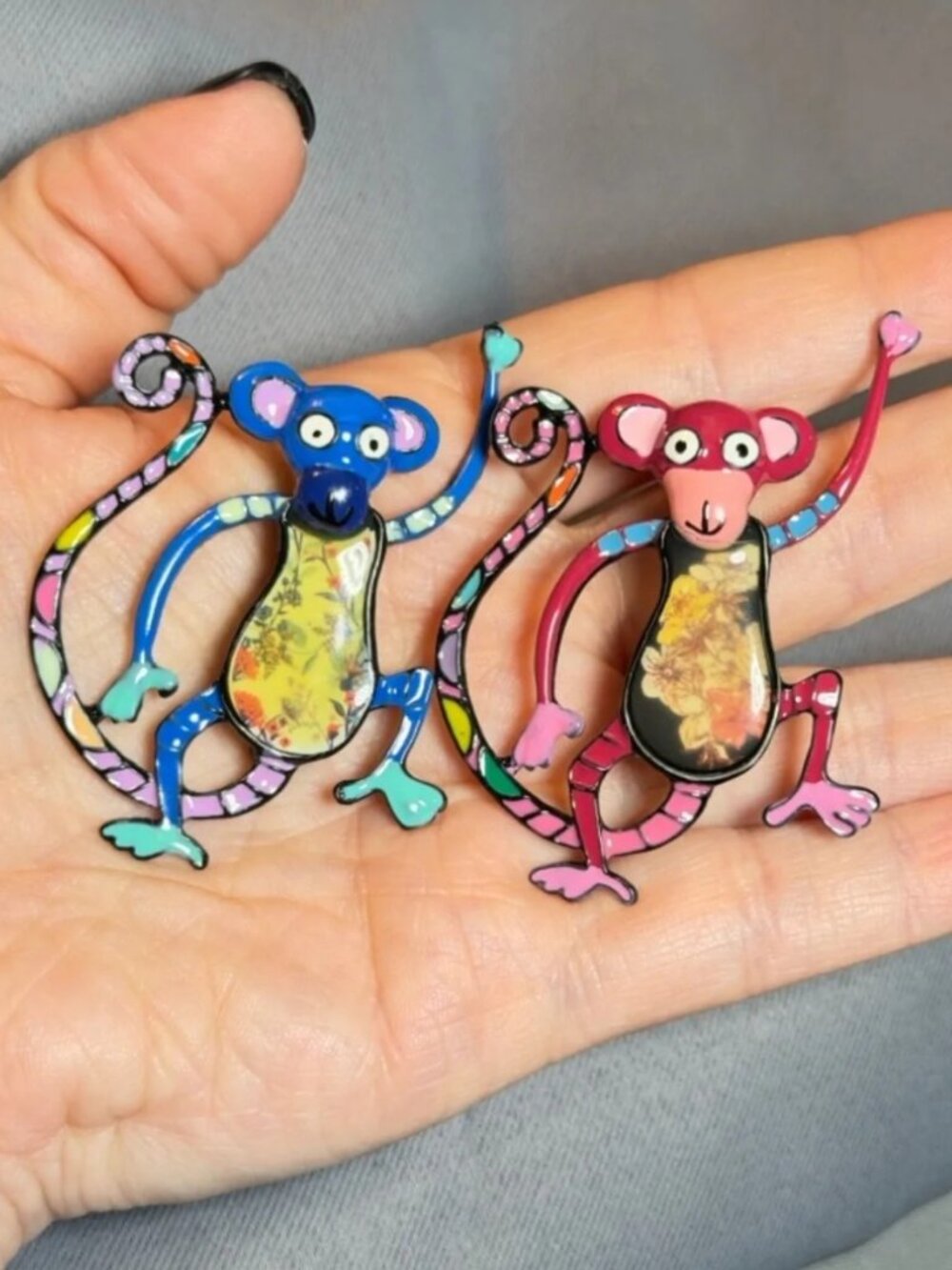 Monkey Brooch Set Colorful Enamel Pair Blue Pink Hand Painted Look 2.5"